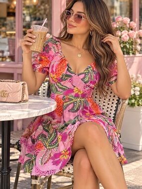 Crystal sky Floral Pink Puff-Sleeve Mini Dress